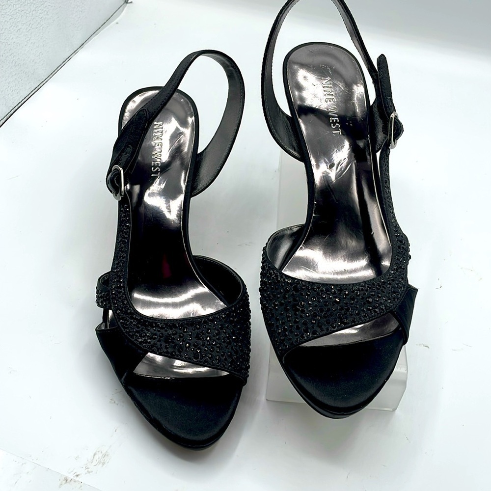 Nine West “In the Bank” Black rhinestone open toe, dressy heels, Size 6.5